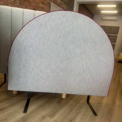 Queen Stella bedhead in Charcoal ticking with pink velvet piping