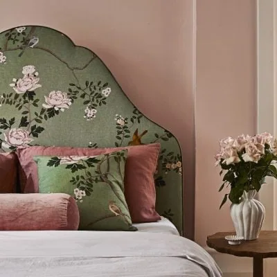 Curved floral Alice custom bedhead in pink room by Heatherly Design