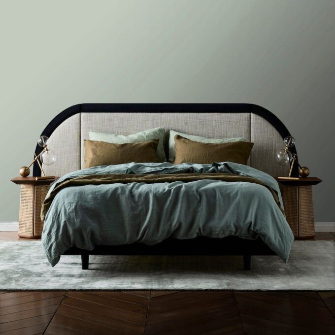 Marcel bed head curved bordered upholstered linen