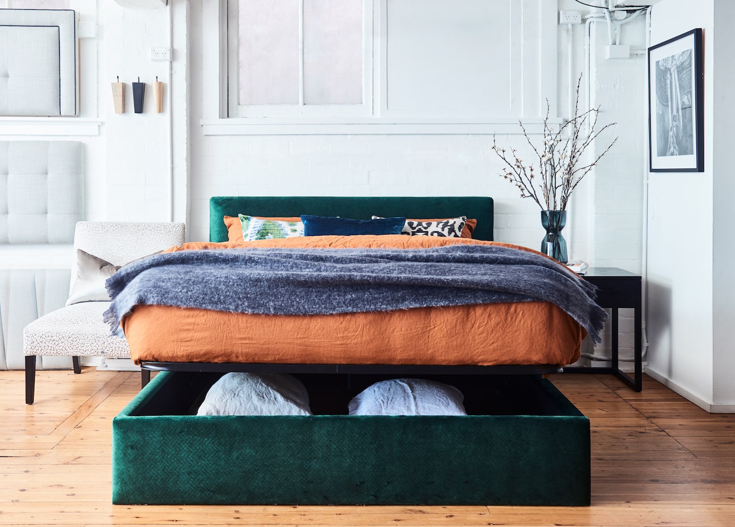 Green velvet bedhead and bed base with gas lift Heatherly Design