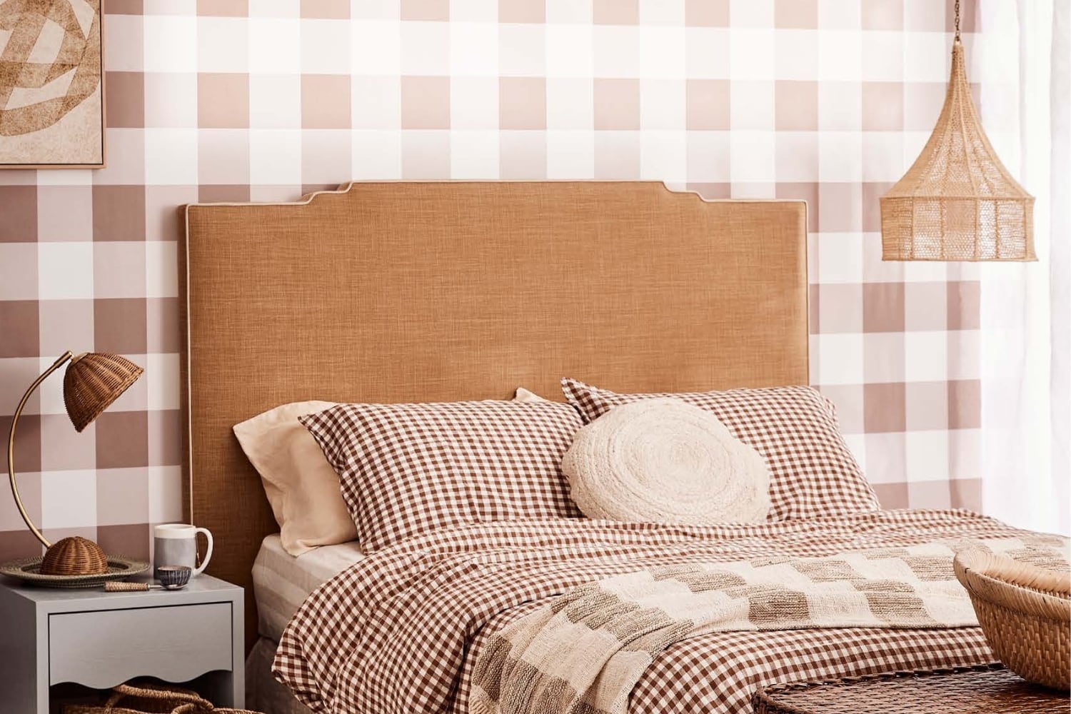 Tan linen bedhead design with gingham wallpaper for Home Beautiful Magazine