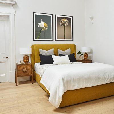 Queen Maxine bedhead with upholstered frame to disguise an ensemble base