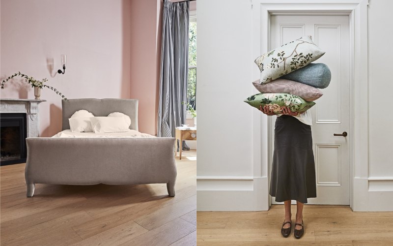 Grey velvet bedhead with floral cushions
