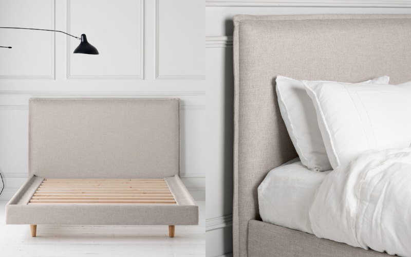 Neutral linen bed with black lamp