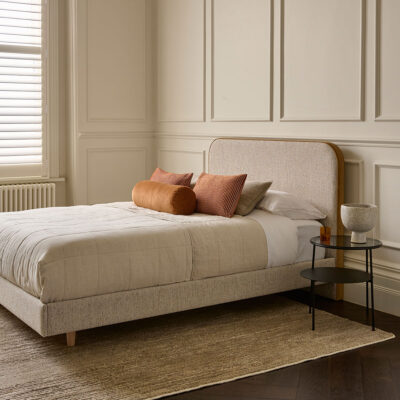 Readymade Louis bed in Akira sand with brass velvet side profile