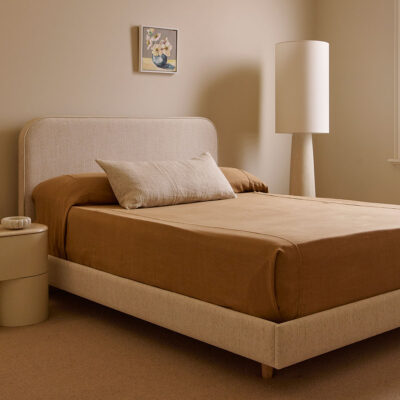 Readymade Louis bed in Akira natural with ivory faux leather side profile