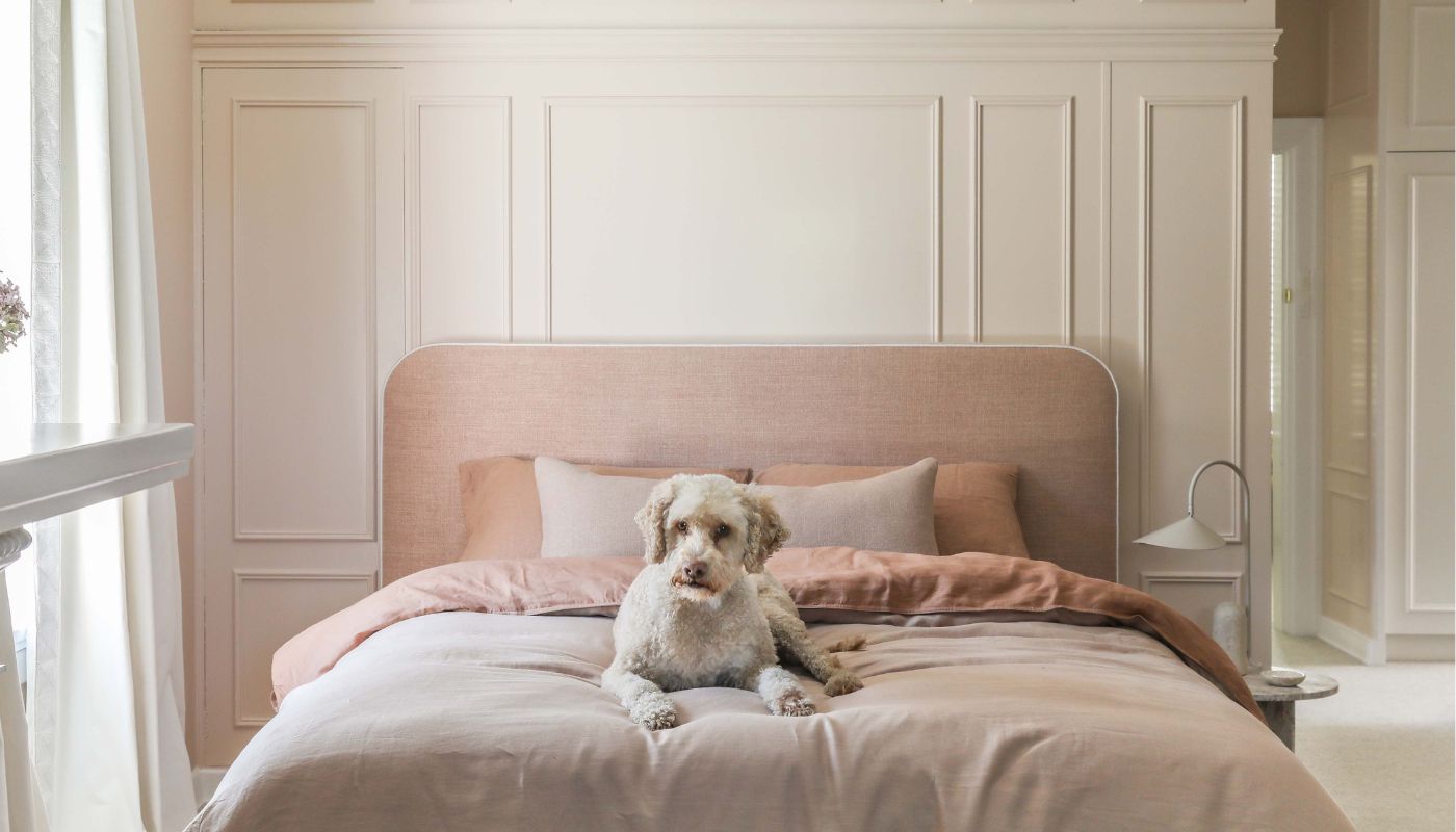 Blush pink bedroom with curved custom bedhead Melbourne Australia