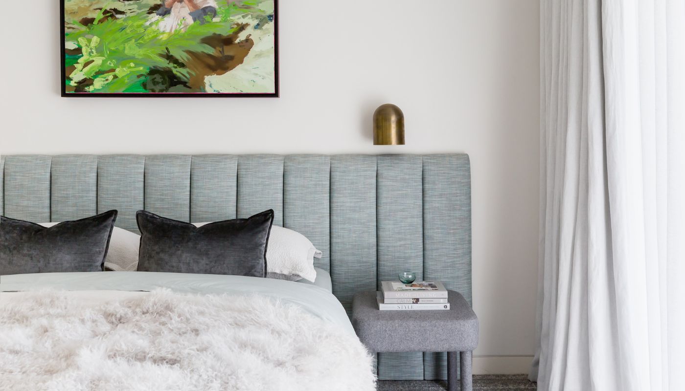 Light blue bedhead custom made in Melbourne with curtain sheers